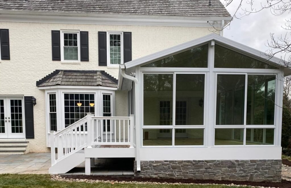 Sunroom addition, Block and veneer stone wall