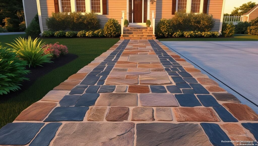 Stone walkway concrete driveway house by All About Construction